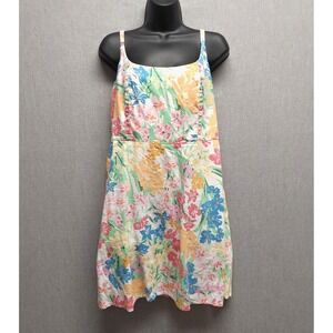 Floral Linen Blend Sundress L Smocked Back Cottagecore Pockets Vacation Beach